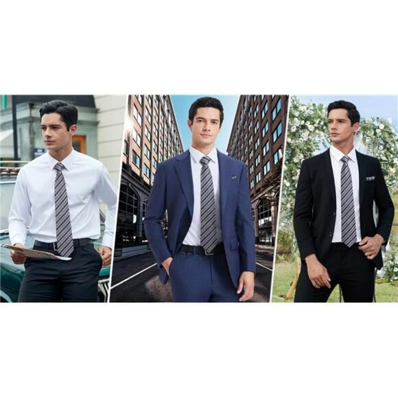 Mens Stripe Tie Set Pocket Square Cufflinks Formal Wedding Business Suit - Picture 2 of 6